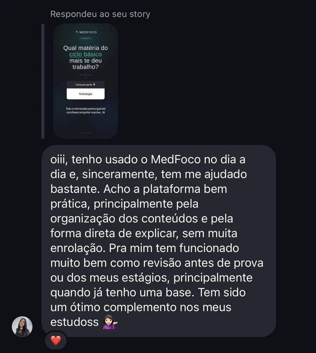 Mensagem direta de aluna · MedFoco tem me ajudado bastante