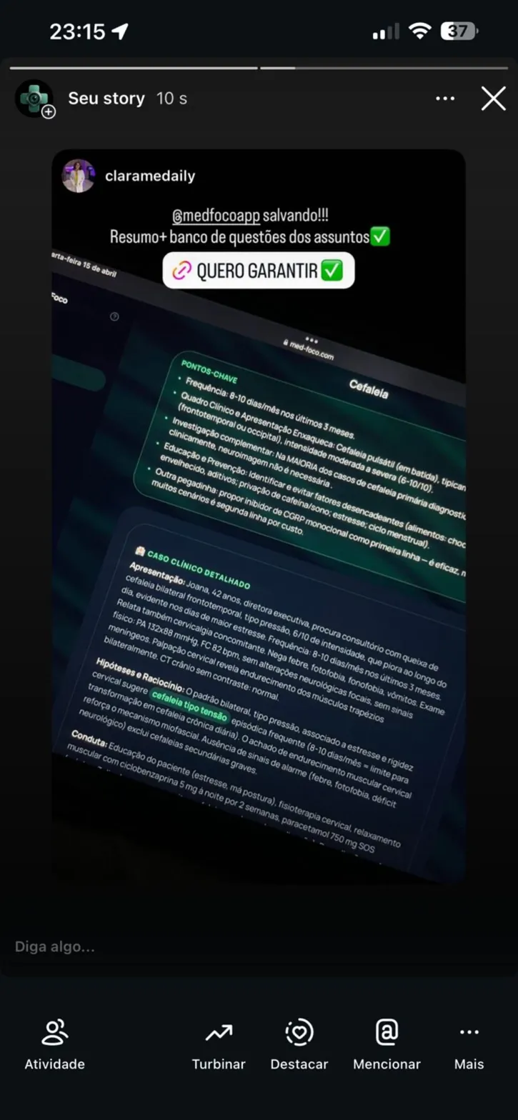Story de @claramedaily sobre MedFoco
